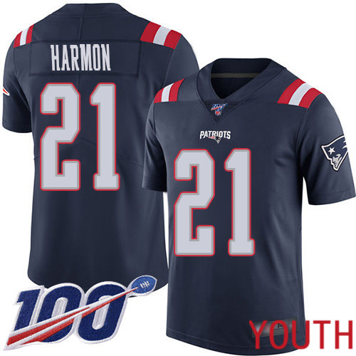 New England Patriots Football #21 100th Season Rush Limited Navy Blue Youth Duron Harmon NFL Jersey->youth nfl jersey->Youth Jersey